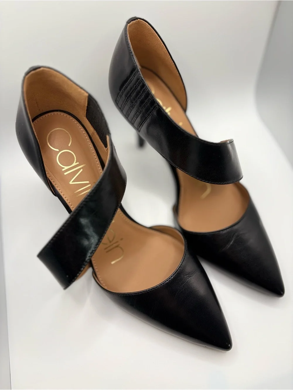 Calvin Klein Black Leather Pointed-Toe Wrap-Strap Heels